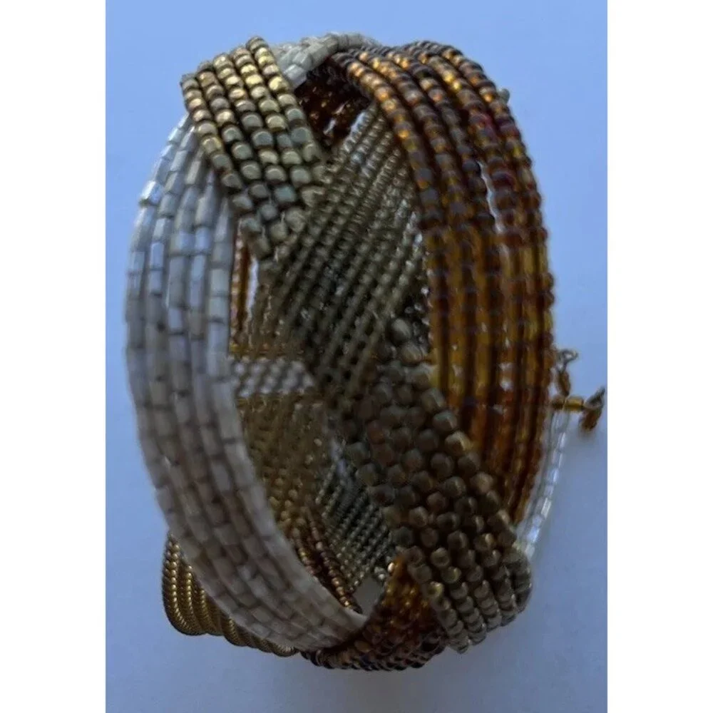 Vintage Glass Seed Bead Pieces Cuff Bracelet Brown Gold Y2K Women’s Sz 7.5”